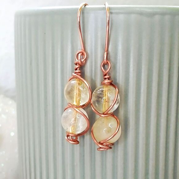 Boho Chic Citrine Crystal Dangle Earrings, Copper Gemstone Jewelry 1.5" - Picture 1 of 3